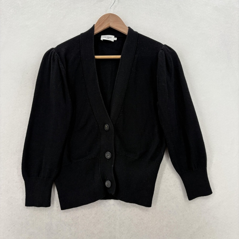 The Reset R Label Cardigan Sweater Womens S Black Silk Blend V Neck Puff Sleeve